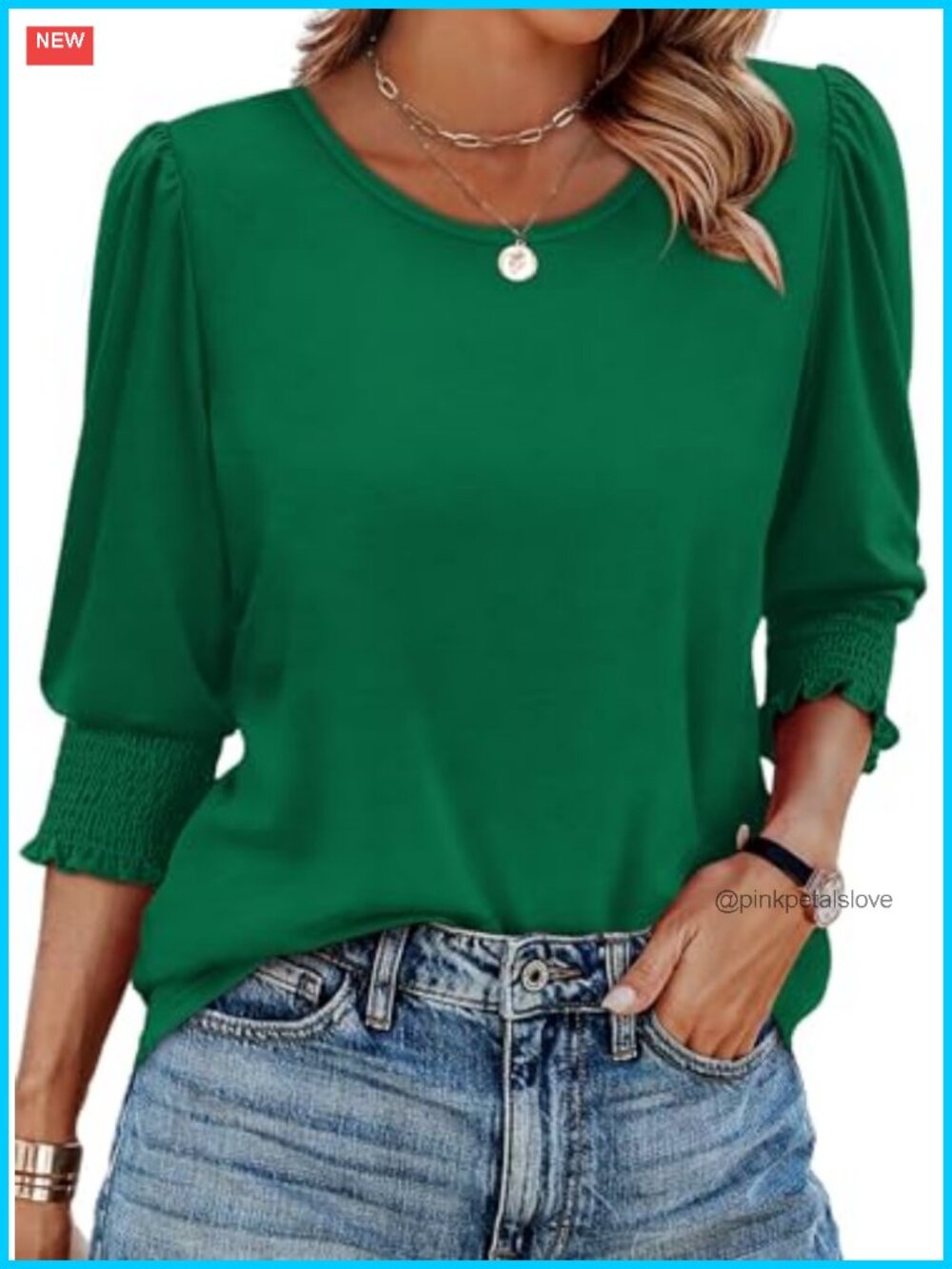 Women's 3/4 Sleeve Crew Neck Blouse with Smocked Cuffs